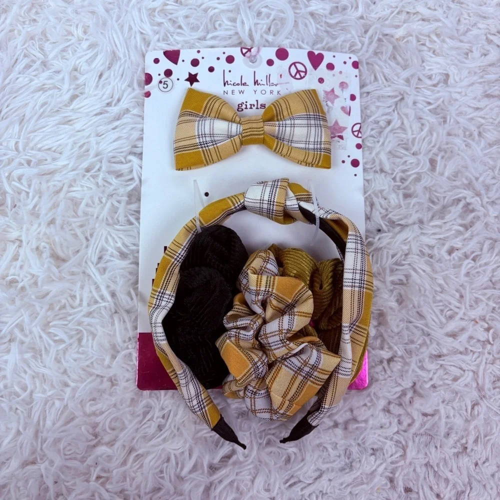 NWT Nicole Miller Girls Yellow Plaid preppy clueless Hair Accessory Set